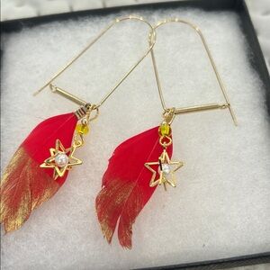 Gold Star and Red Feather Earrings-NWT